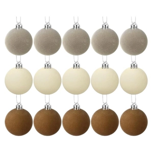 15-piece set of flocked Christmas balls in grey, cream, and brown with matte finish