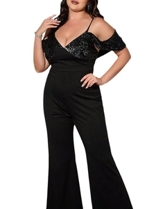 Plus size black sequin jumpsuit with V-neck and cold shoulder design for women