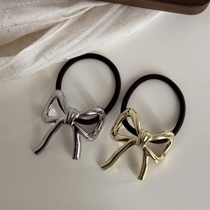 Japanese Metal Bow Hair Tie Minimalist Alloy Bowknot Elastic Hair Band For Women Ponytail Holder Elegant Daily Hair Accessory