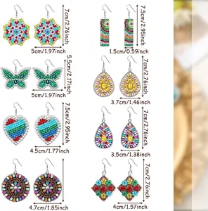Detailed size chart for eight unique DIY diamond painting earring styles in cm and inches