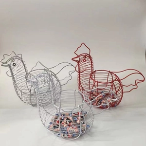 Chicken shaped iron wire fruit baskets in red, white and silver finishes for storage