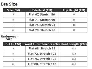Size guide for lace lingerie set including bra and panty measurements in centimeters