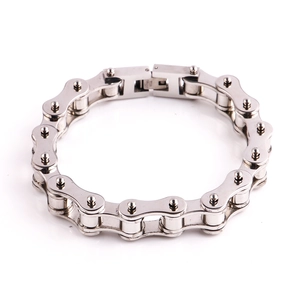 Macro shot of silver industrial bicycle chain bracelet in 316L stainless steel for men