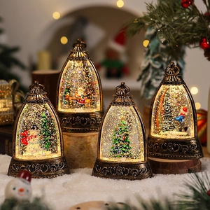Retro bronze Christmas lanterns with snowman and Santa scenes and warm glowing lights