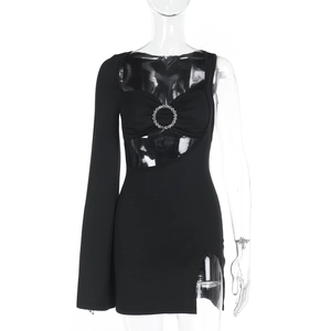 Detail of sexy black one-sleeve dress with waist cutout and sparkling rhinestone ring