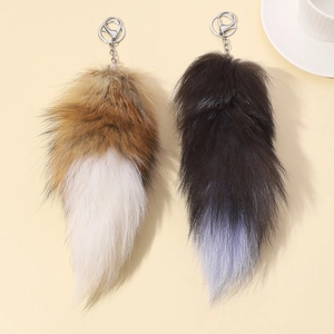 Large fluffy faux fur fox tail keychain for bags in brown-white and black-blue gradients