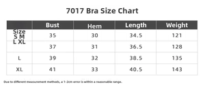 Detailed size chart for V-back sports bra with chest, hem, and length measurements