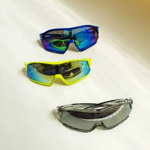 Three pairs of punk style geometric kids sports sunglasses with colorful mirrored lenses