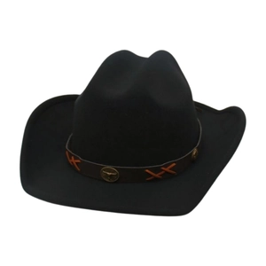 Classic black felt cowboy hat with leather band and bull head metal buckle accessory