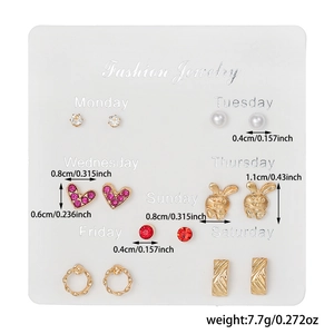 7-day fashion earring set with gold studs pearls and hearts for a weekly variety