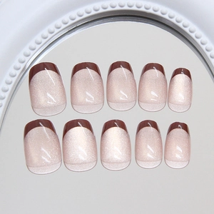 Brown cat eye french tip press-on nails with fine glitter finish for women