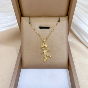Soccer Boy Pendant Necklace With Stainless Steel Chain And Copper Micro-Inlaid Rhinestone Sporty Gold Jewelry For Men And Women