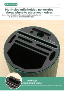 Detail of green kitchen knife holder featuring a built-in sharpener and multi-slot design