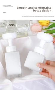 Detail view of square foam pump bottle with unique flower-shaped dispenser head