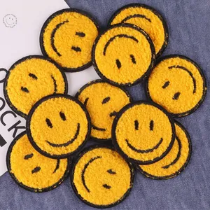 Smiley Face Chenille Embroidered Patch Round Yellow Towel Embroidery Iron On Decal For Clothing Bag Hat DIY Decoration