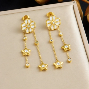 Vintage French Style Stainless Steel Tassel Earrings Gold Plated White Shell Flower Rhinestone Star Dangle For Women