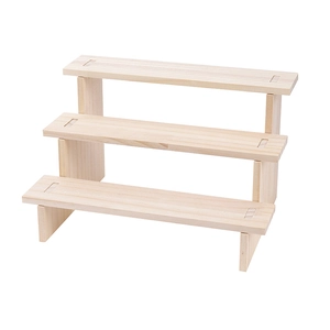Three-tier wooden step display stand for jewelry and collectibles in natural wood finish