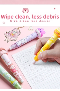Detail of creative cartoon retractable eraser pens being used on paper by a hand
