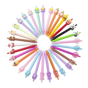 Radial display of colorful cartoon silicone pens featuring panda and unicorn toppers