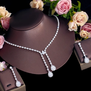 Elegant water drop zirconia jewelry set with necklace and earrings on a luxury display