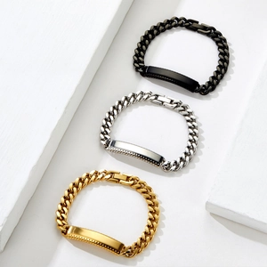 Polished stainless steel Cuban link bracelets in gold, silver, and black with metal bars