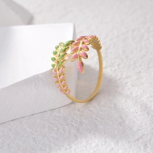18K gold plated stainless steel open ring with pink and green enamel leaf design