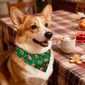 Close-up of a festive green Christmas pet bandana with gingerbread and tree prints on a Corgi