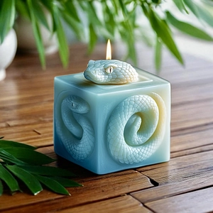 Close-up of a lit square candle with a 3D snake relief and detailed snake head sculpture