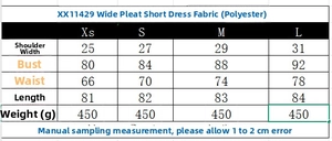 Detailed size chart for preppy style sleeveless pleated mini dress in various sizes