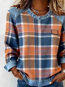 Women Sweatshirt Plaid Pattern Denim Patchwork Round Neck Loose Fit Casual Long Sleeve Pullover Streetwear Fashion Top