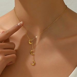 Minimalist gold stainless steel Y-necklace with three polished crescent moon pendants