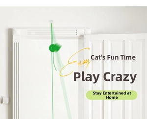 Hanging cat toy with green elastic rope and felt ball for door frame self-play