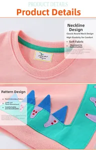 Close-up of pink cotton sweatshirt neckline with colorful dinosaur fin embroidery