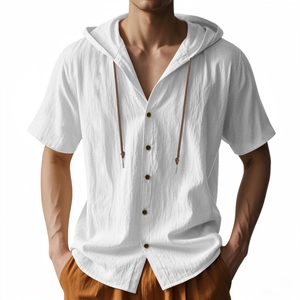 Detail of white linen hooded shirt with brown drawstrings and vintage buttons