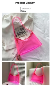 Detailed views of a pink transparent jelly baguette bag with sleek PVC texture and zipper