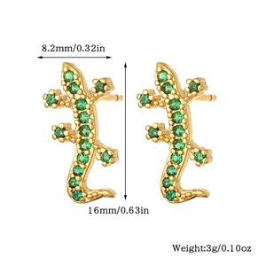 Detailed size view of gold gecko stud earrings with green stones and dimensions