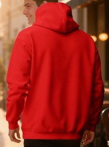 Back view of men's red double-layer hooded sweatshirt with ribbed hem and cuffs