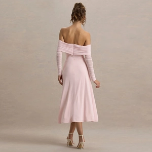 Detailed back view of pink off-shoulder dress featuring pleated mesh long sleeves