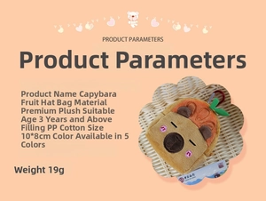 Detailed specifications of Capybara plush bag charm with orange fruit hat and dimensions