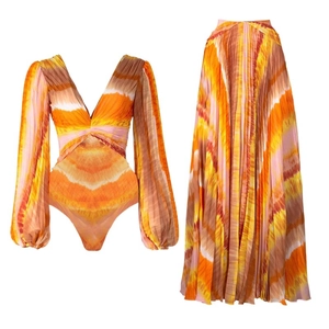 Bohemian two-piece set with V-neck long sleeve swimsuit and pleated maxi skirt