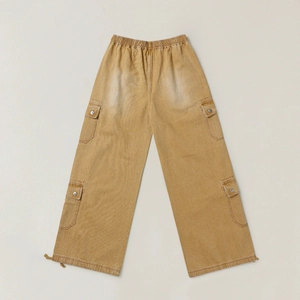 Flat lay of khaki cargo pants featuring elastic waist, side pockets and drawstring hem