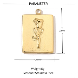 Detail view of a 23mm x 16mm gold stainless steel rectangle pendant with rose relief
