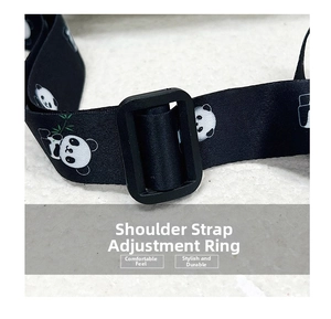 Detail of adjustable black nylon strap with cute panda and bamboo prints and buckle