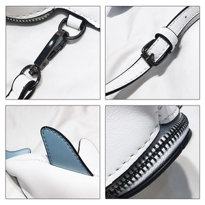 Detail showing the white synthetic leather shark bag with blue fins and gunmetal hardware