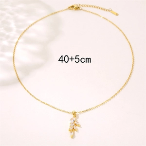 18K gold wheat leaf pendant necklace with zircon crystals and 40+5cm adjustable chain