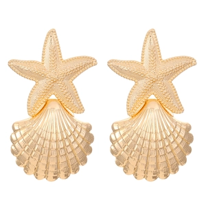 Golden starfish and scallop shell statement earrings with ocean element design