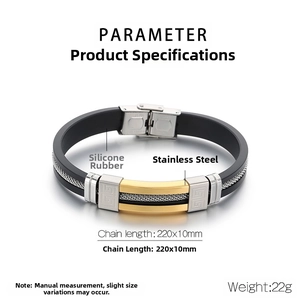 Detailed specs of men's silicone and stainless steel bracelet, size 220x10mm, weight 22g