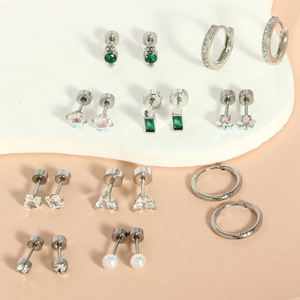 10 pairs of stainless steel stud earrings set with opal, zircon, and pearls in silver