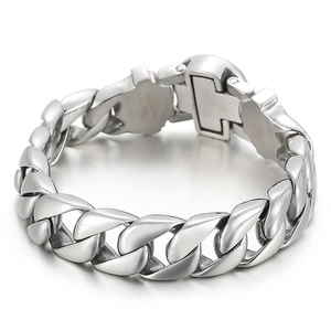 Polished silver stainless steel Cuban chain bracelet for men with a secure snap clasp