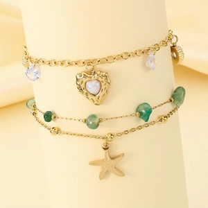 Gold stainless steel anklet with heart pendant, starfish charm, and colorful beads